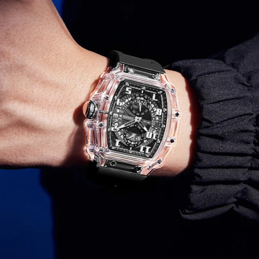 Be unique with this transparent tonneau watch for men and women