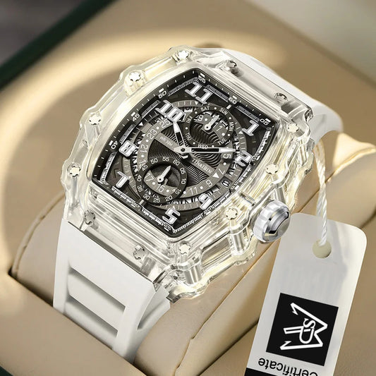 Be unique with this transparent tonneau watch for men and women