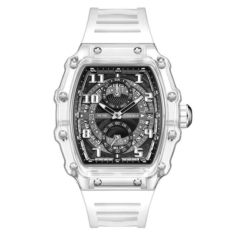 Be unique with this transparent tonneau watch for men and women