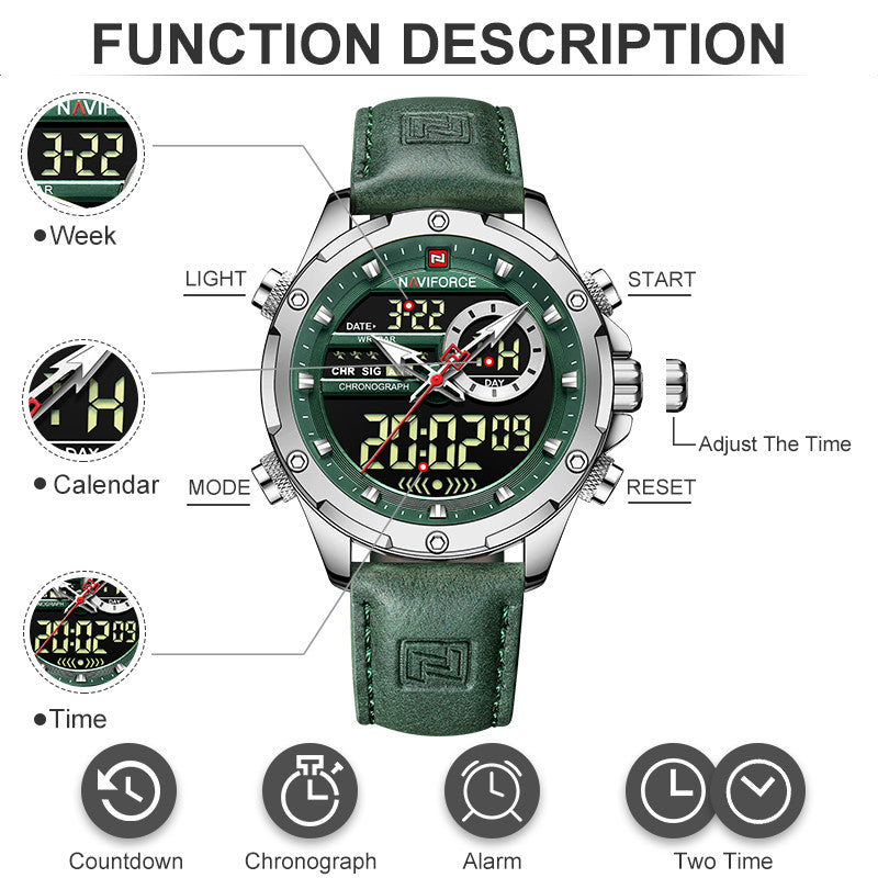 High-quality military-style watch for men with dual time