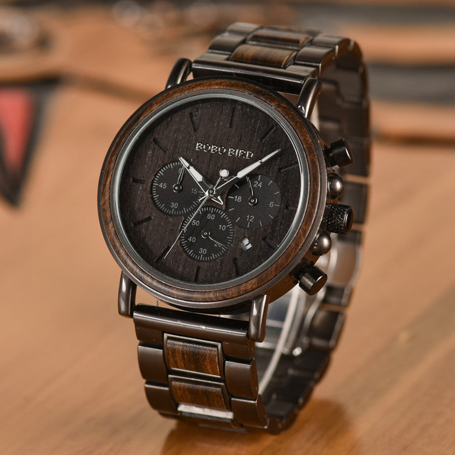 High-quality wood watch for men with Chronograph